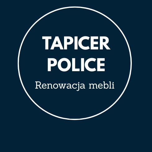 Logo firmy Tapicer Police. Biały okrąg na granatowym tle z napisem 'Tapicer Police' i 'Renowacja mebli' wewnątrz.