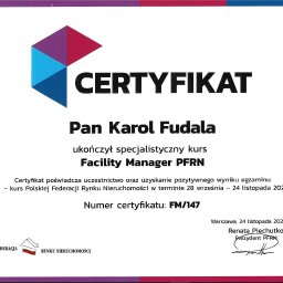 Certyfikat Facility Manager PFRN potwierdza ukończenie kursu z zakresu zarządzania nieruchomościami. Wykorzystujemy zdobytą wiedzę w pracy przy zarządzaniu najmem i pośrednictwie nieruchomości – zgodnie ze standardami PFRN.