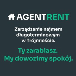 Nieruchomości Karol Fudala - Grafika z logo AgentRent, hasłem 'Zarządzanie najmem długoterminowym w Trójmieście' i obietnicą 'Ty zarabiasz. My dowozimy spokój.', na ciemnym tle.