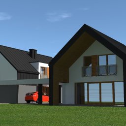 JZ Development SP Z O.O. - Wizualizacja domu modułowego z dachem dwuspadowym i carportem w Nowym Sączu. Czerwony samochód zaparkowany obok. Nowoczesna architektura z elementami drewna.