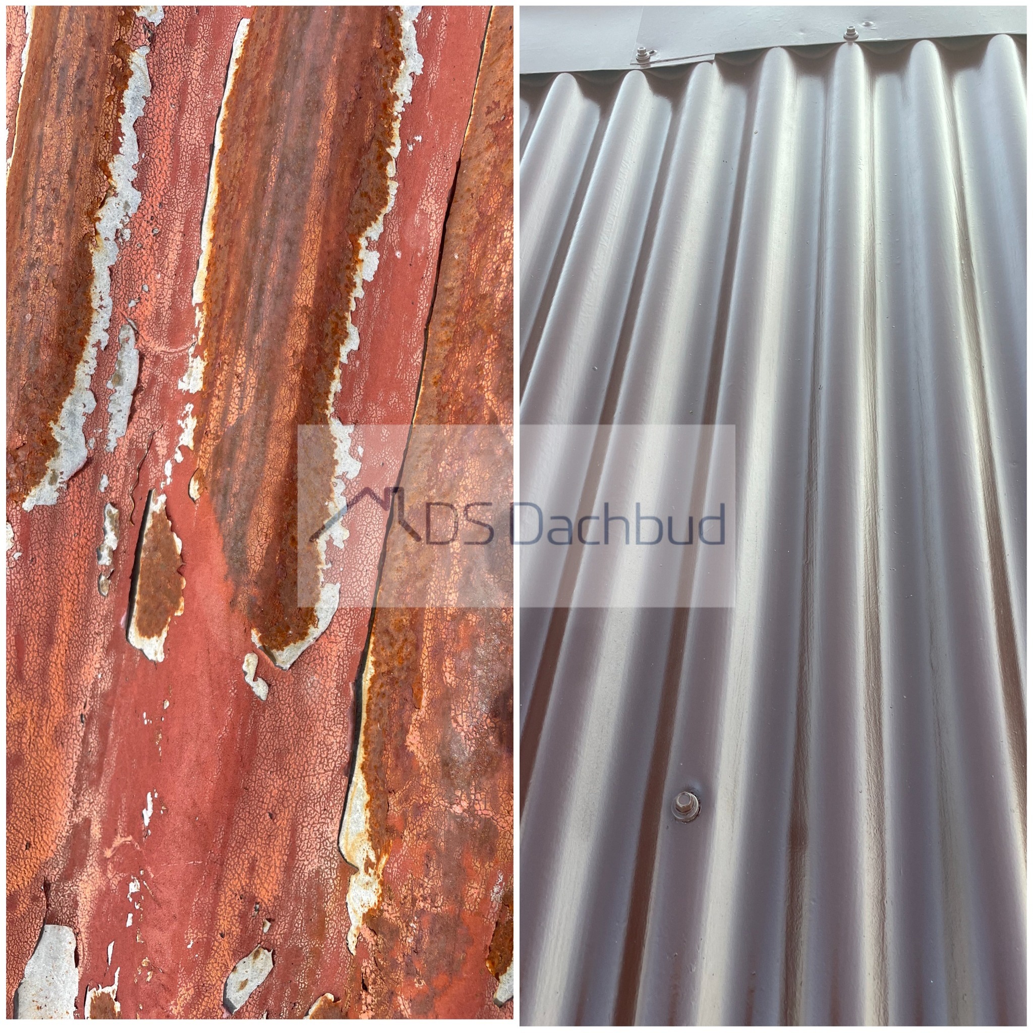 Dachówka trapezowa: zniszczona, łuszcząca się farba (przed) i odnowiona, gładka powierzchnia (po). Porównanie stanu dachu przed i po malowaniu.
