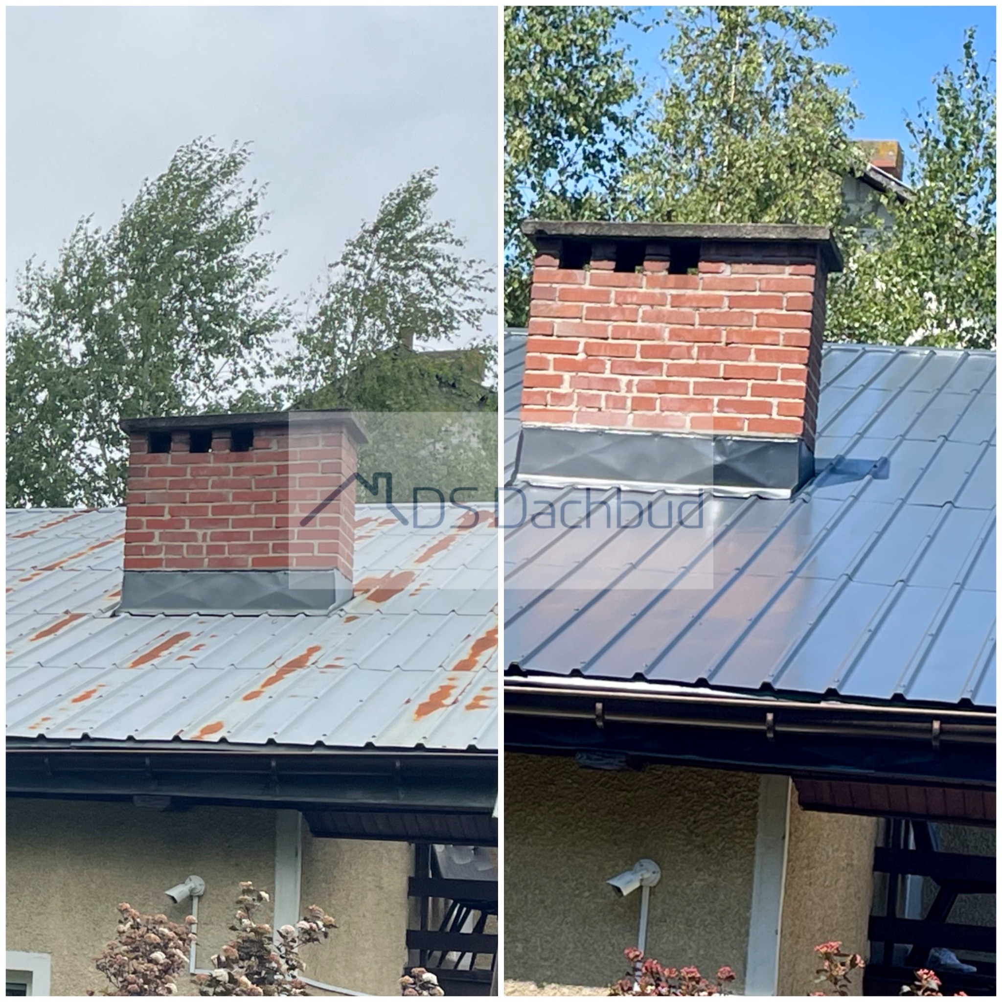 Zdjęcie dachu przed i po renowacji: zardzewiała blacha kontra nowa, ciemnoszara. Widoczny komin z cegły i rynna. Porównanie stanu dachu przed i po usłudze.