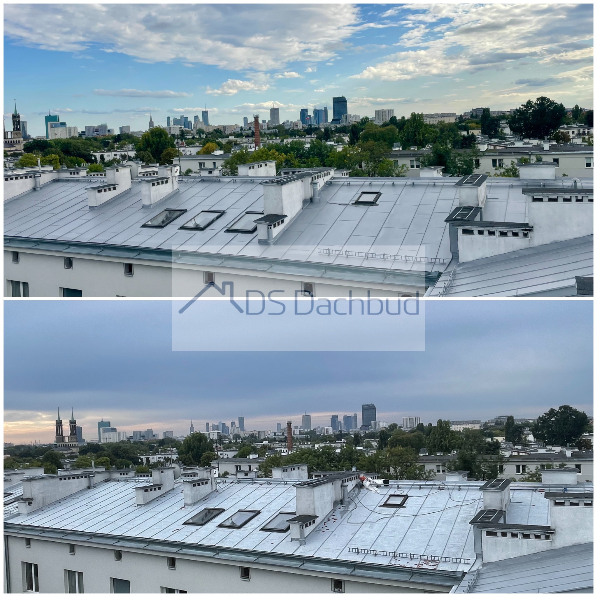 Dach z blachy trapezowej po renowacji, widok na panoramę miasta z wieżowcami. Na dachu okna dachowe i kominy. Ujęcie z góry, widać różnicę w pogodzie na dwóch częściach zdjęcia.