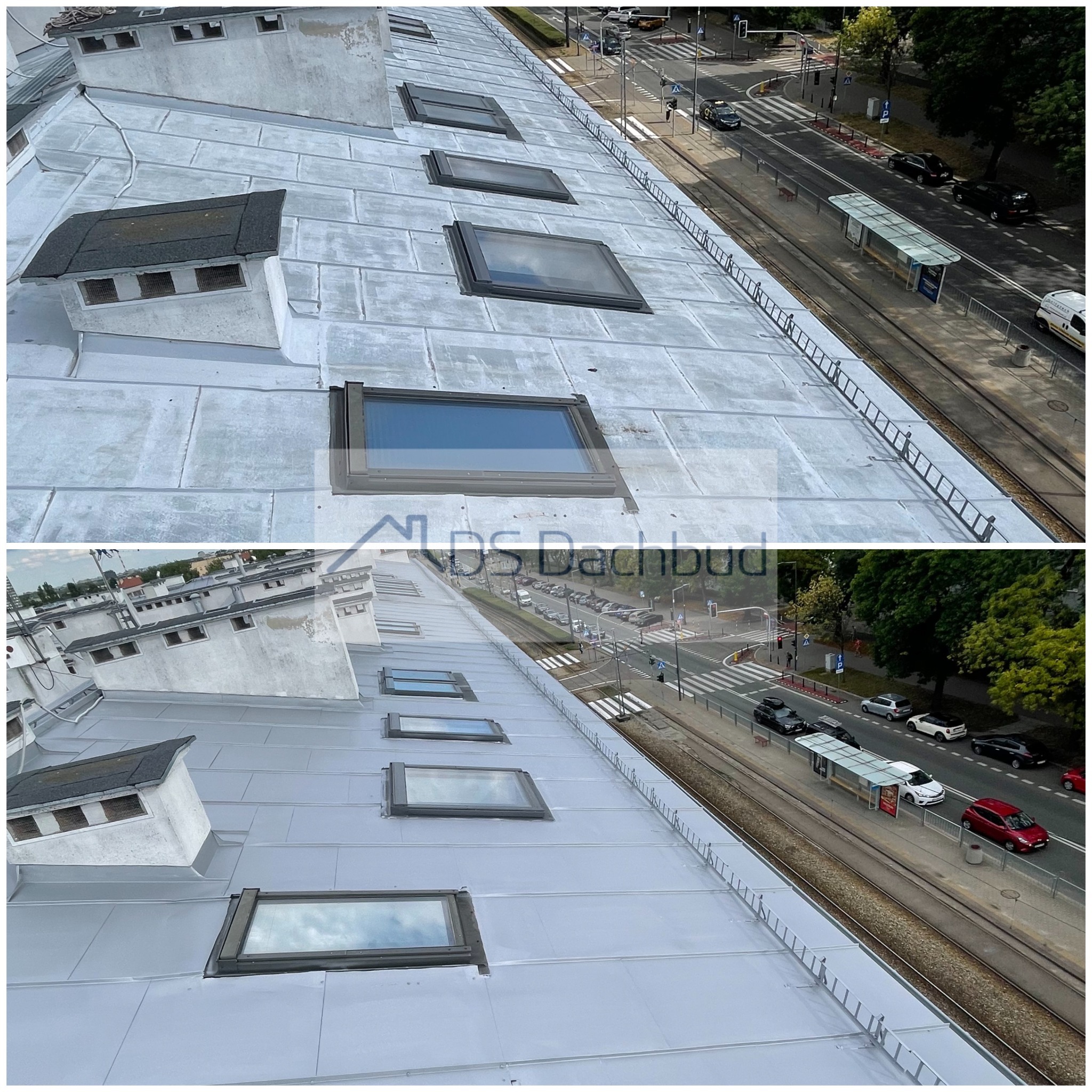 Dach z blachy trapezowej po renowacji, widoczne okna dachowe i kominki wentylacyjne. Ujęcie z góry, w tle ulica z ruchem miejskim i torami tramwajowymi.