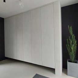N&M Meble - Minimalistyczna szafa wnękowa z jasnymi frontami, wkomponowana w nowoczesne wnętrze z czarnymi ścianami i betonową podłogą, obok drzwi i kaktusa w donicy.
