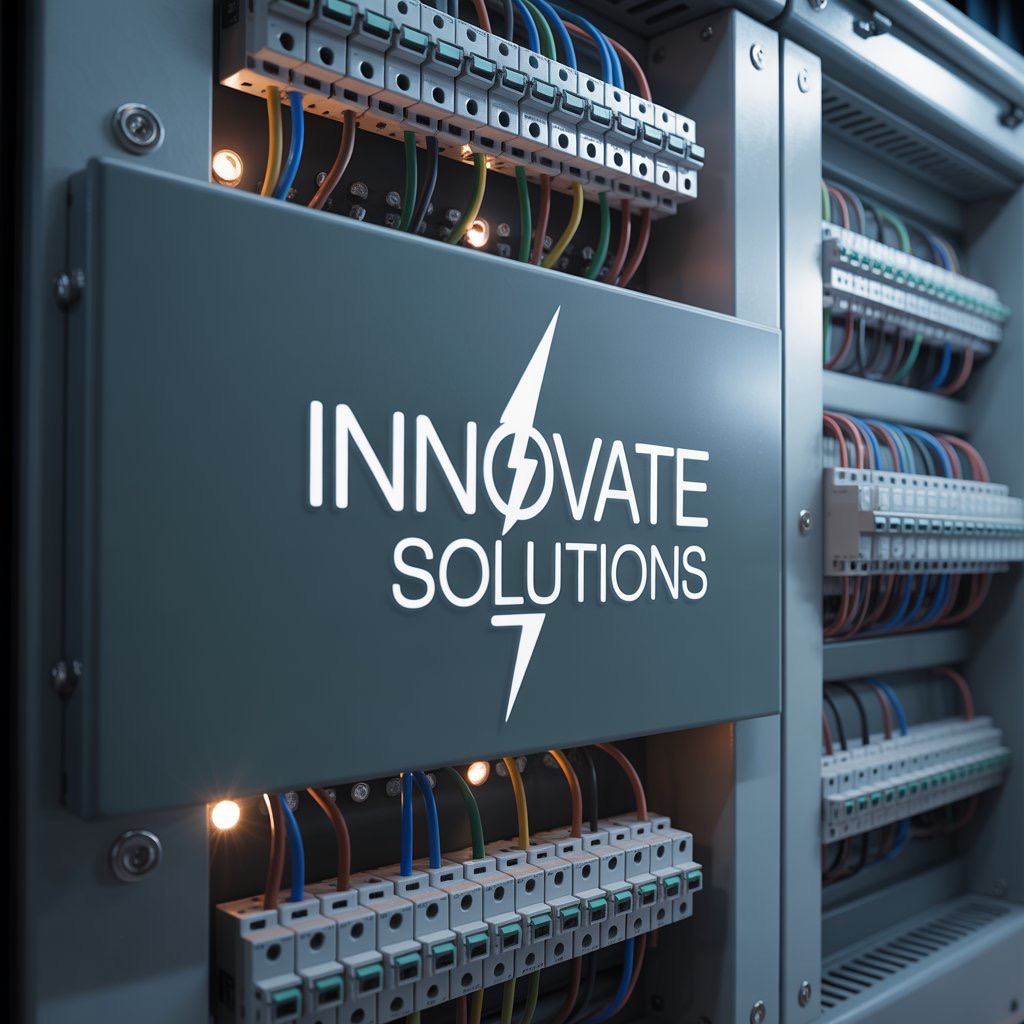 Rozdzielnica elektryczna z przewodami i bezpiecznikami, oświetlona od wewnątrz, z naklejoną nazwą firmy 'Innovate Solutions'.