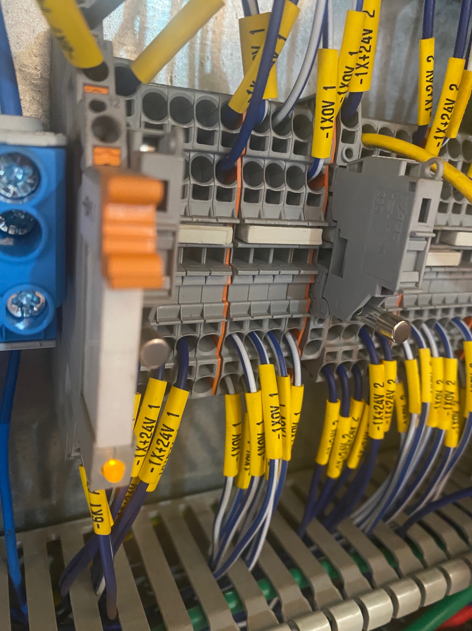 Szczegółowe ujęcie panelu sterowniczego z okablowaniem oznaczonym żółtymi etykietami, widoczne złącza, przewody w kolorach niebieskim i białym oraz elementy elektroniczne.