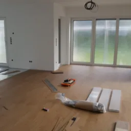 Układanie paneli podłogowych w jasnym wnętrzu z dużymi oknami. Widoczne narzędzia i materiały budowlane, częściowo ułożona podłoga.