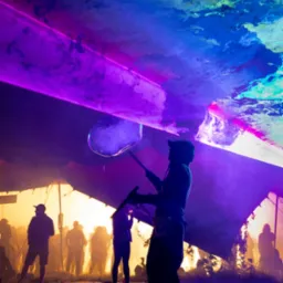 Sylwetka osoby puszczającej bańki mydlane na tle sceny z laserami i tłumu podczas eventu. Dominują fioletowe i ż&oacute;łte barwy, tworząc unikalny efekt wizualny.