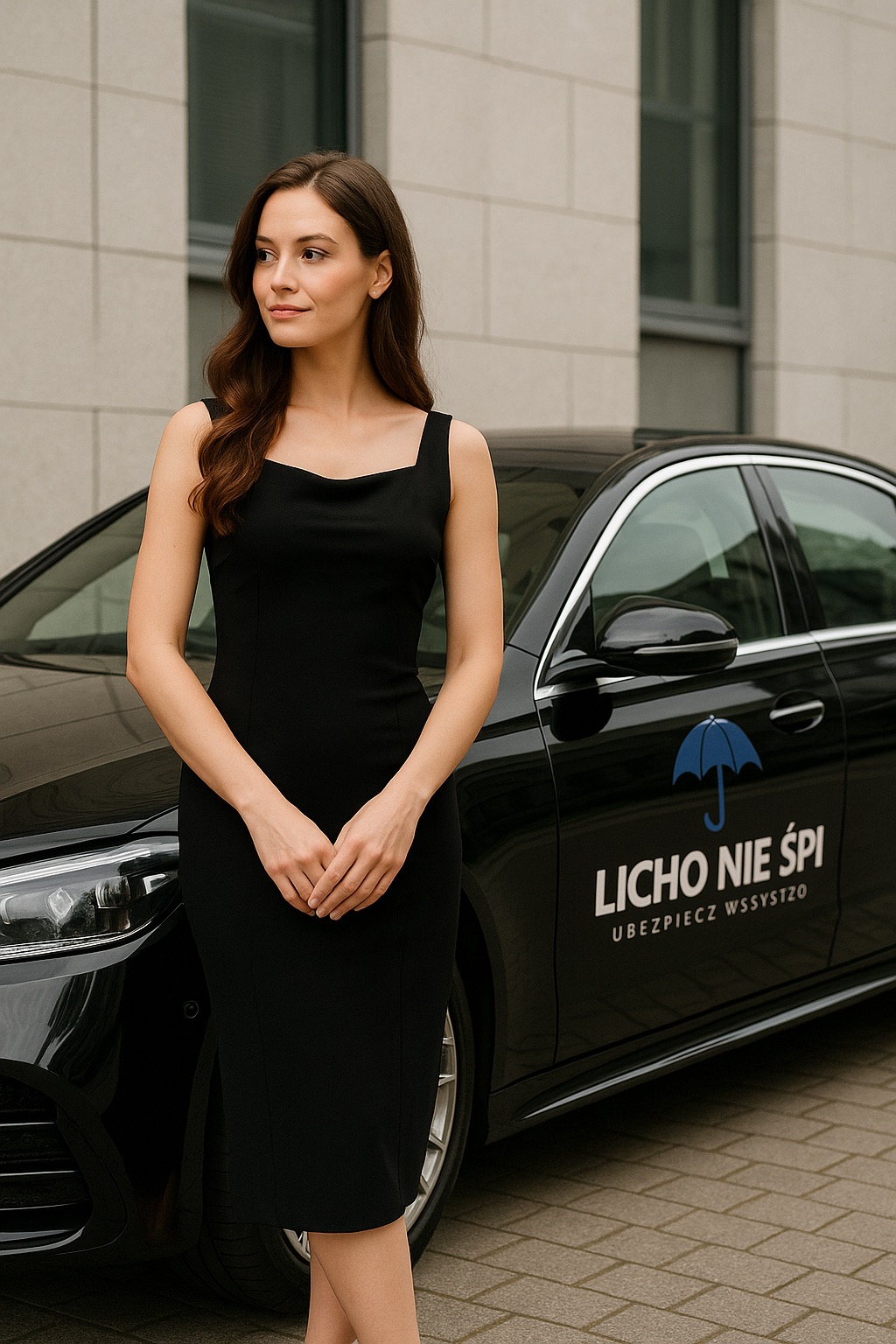 Elegancka kobieta w czarnej sukience pozuje obok czarnego samochodu z logo firmy ubezpieczeniowej 'LICHO NIE ŚPI' i hasłem 'UBEZPIECZ WSZYSTKO'.
