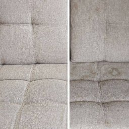 Czyste Meble Bydgoszcz - Tapicerka kanapy przed i po praniu: po lewej czysta, po prawej z plamami. Widoczne guziki i faktura materiału. Efekt czyszczenia tapicerki.