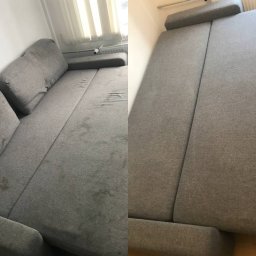 Czyste Meble Bydgoszcz - Kanapa przed i po czyszczeniu tapicerki, widoczne różnice w kolorze i czystości materiału. Usługa wykonana w Bydgoszczy.