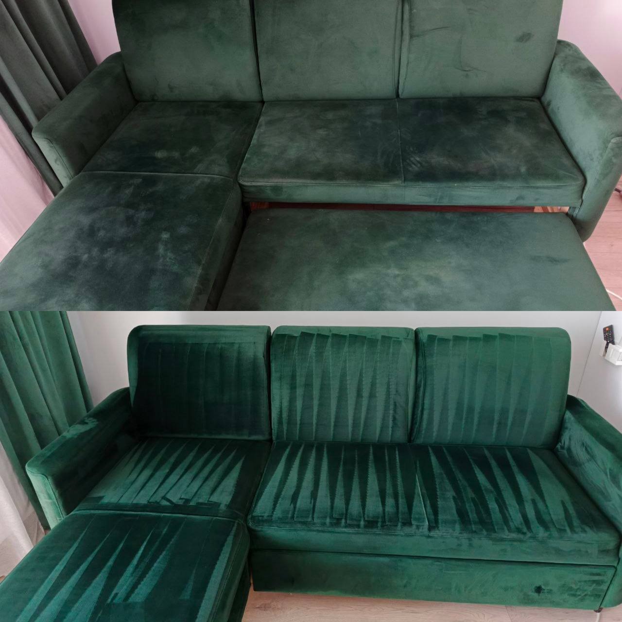 Zdjęcie 'przed i po' przedstawia zieloną, welurową kanapę narożną. Górna część pokazuje sofę z widocznymi plamami, dolna - odświeżoną, bez zabrudzeń i z efektem czyszczenia.