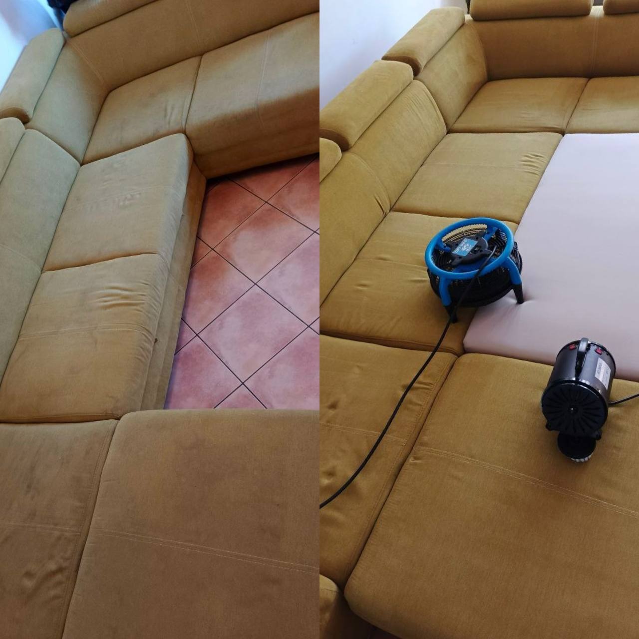 Narożnik w odcieniach żółci, po lewej stronie widoczna plama, po prawej wentylator i odkurzacz do tapicerki. Ukazuje efekt czyszczenia tapicerki.