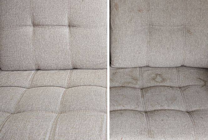 Tapicerka kanapy przed i po praniu: po lewej czysta, po prawej z plamami. Widoczne guziki i faktura materiału. Efekt czyszczenia tapicerki.