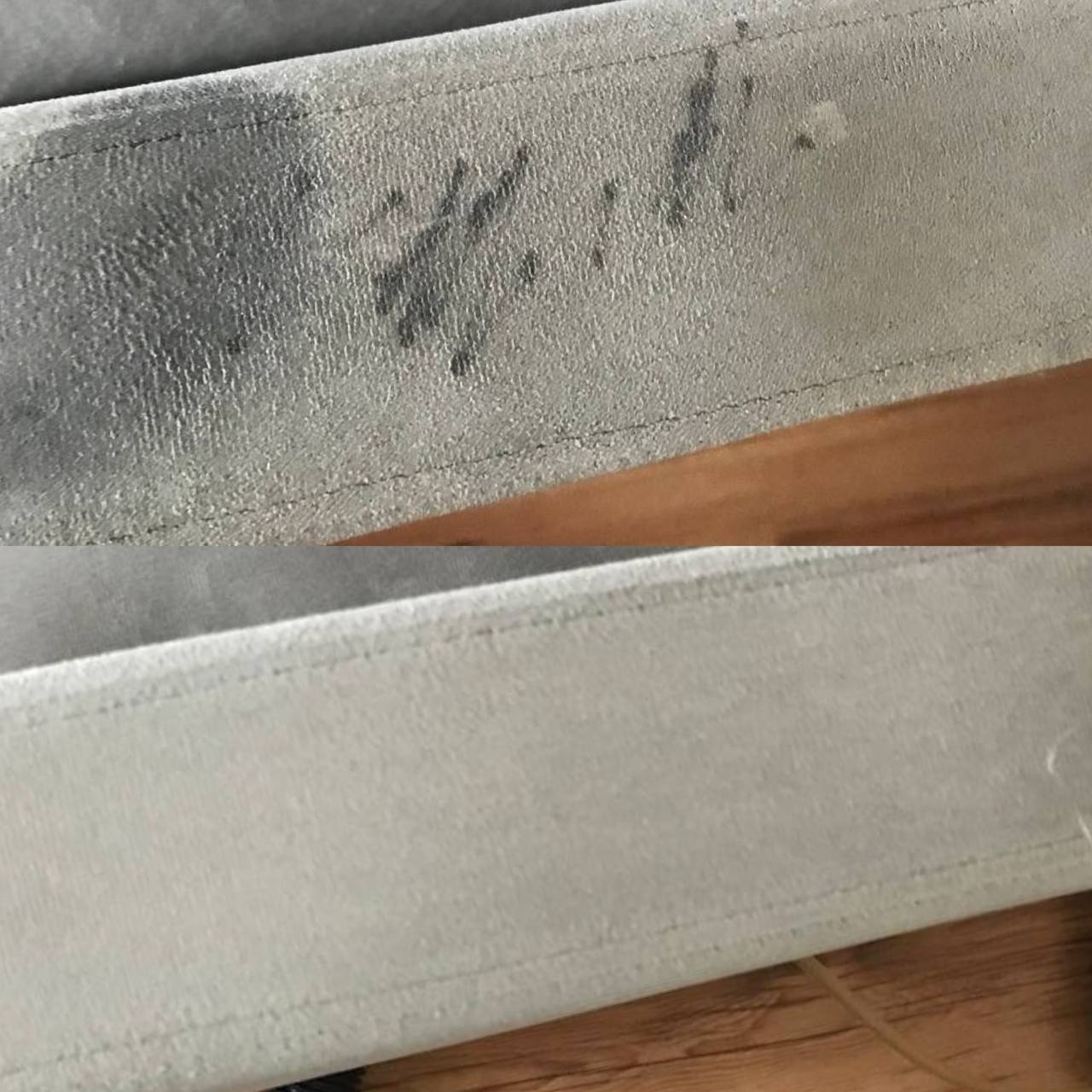 Fragment tapicerki: widoczna plama przed (góra) i po czyszczeniu (dół). Jasnoszary materiał z delikatną fakturą i przeszyciem. Efekt czyszczenia.