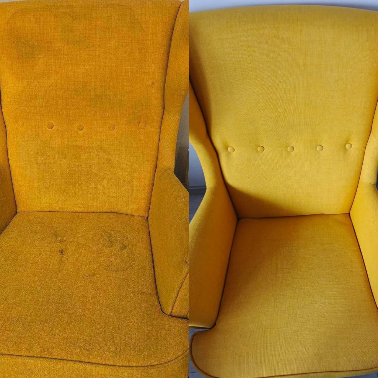 Żółty fotel typu uszak: po lewej stronie widoczne zabrudzenia, po prawej czysty materiał po zabiegu czyszczenia tapicerki. Efekt przed i po.