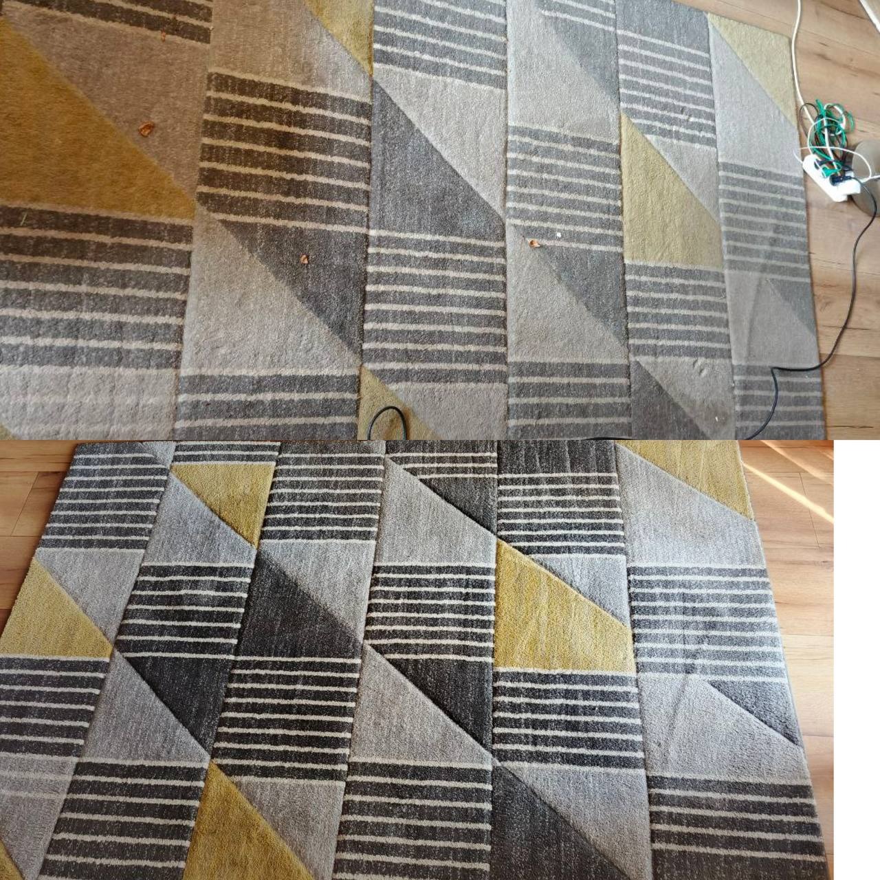 Dywan z geometrycznym wzorem, widok z góry, prezentujący efekt czyszczenia: część dywanu po prawej stronie jaśniejsza i czystsza, wyraźny kontrast z nieczyszczoną częścią po lewej.