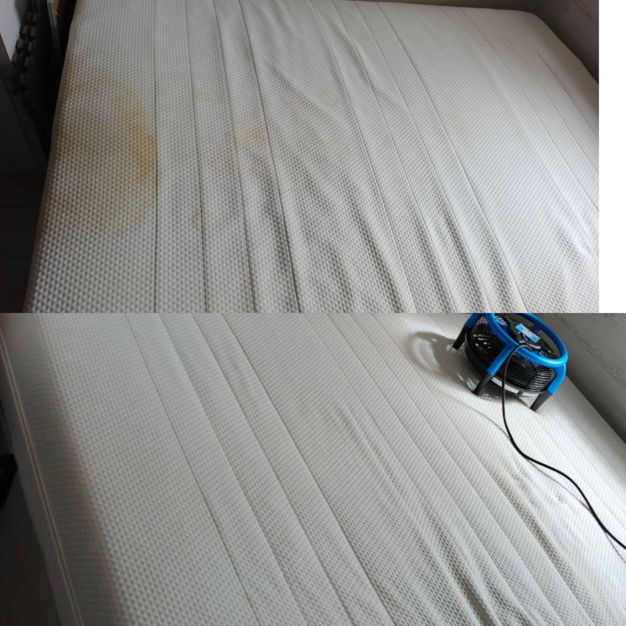 Materac przed i po czyszczeniu, z widocznymi plamami na górnej połowie i czystą powierzchnią na dolnej, z wentylatorem przyspieszającym suszenie.