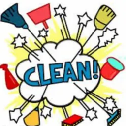 Ilustracja z napisem 'CLEAN!' otoczonym ikonami środk&oacute;w czystości (szczotki, mopy, butelki) i promieniami, w stylu komiksowym, na białym tle.