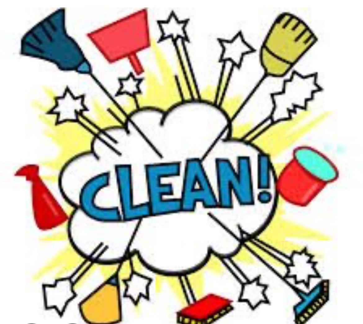 Ilustracja z napisem 'CLEAN!' otoczonym ikonami środków czystości (szczotki, mopy, butelki) i promieniami, w stylu komiksowym, na białym tle.