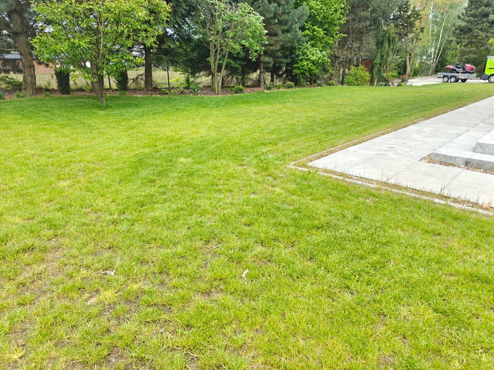 Zadbany trawnik z równo przystrzyżoną trawą, widok na drzewa i sprzęt ogrodniczy w oddali. Trawa intensywnie zielona, z widocznymi śladami koszenia.