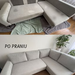 Usługi Kozłowski - Szara narożna kanapa: górna część zdjęcia pokazuje zabrudzenia przed praniem, dolna - czystą kanapę po praniu. Widoczne różnice w odcieniu i brak plam.