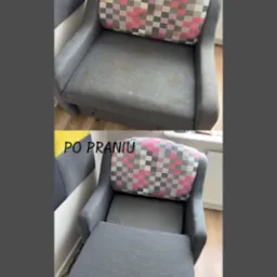 Szary fotel z poduszką w kratę: widok przed i po praniu. Na górze widoczne plamy, na dole czysty materiał. Efekt czyszczenia tapicerki, odświeżony wygląd mebla.