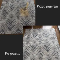 Dywan w geometryczne wzory: widoczna plama 'przed' i czysty 'po' praniu. Prezentacja efektu usługi czyszczenia dywanów na drewnianej podłodze.