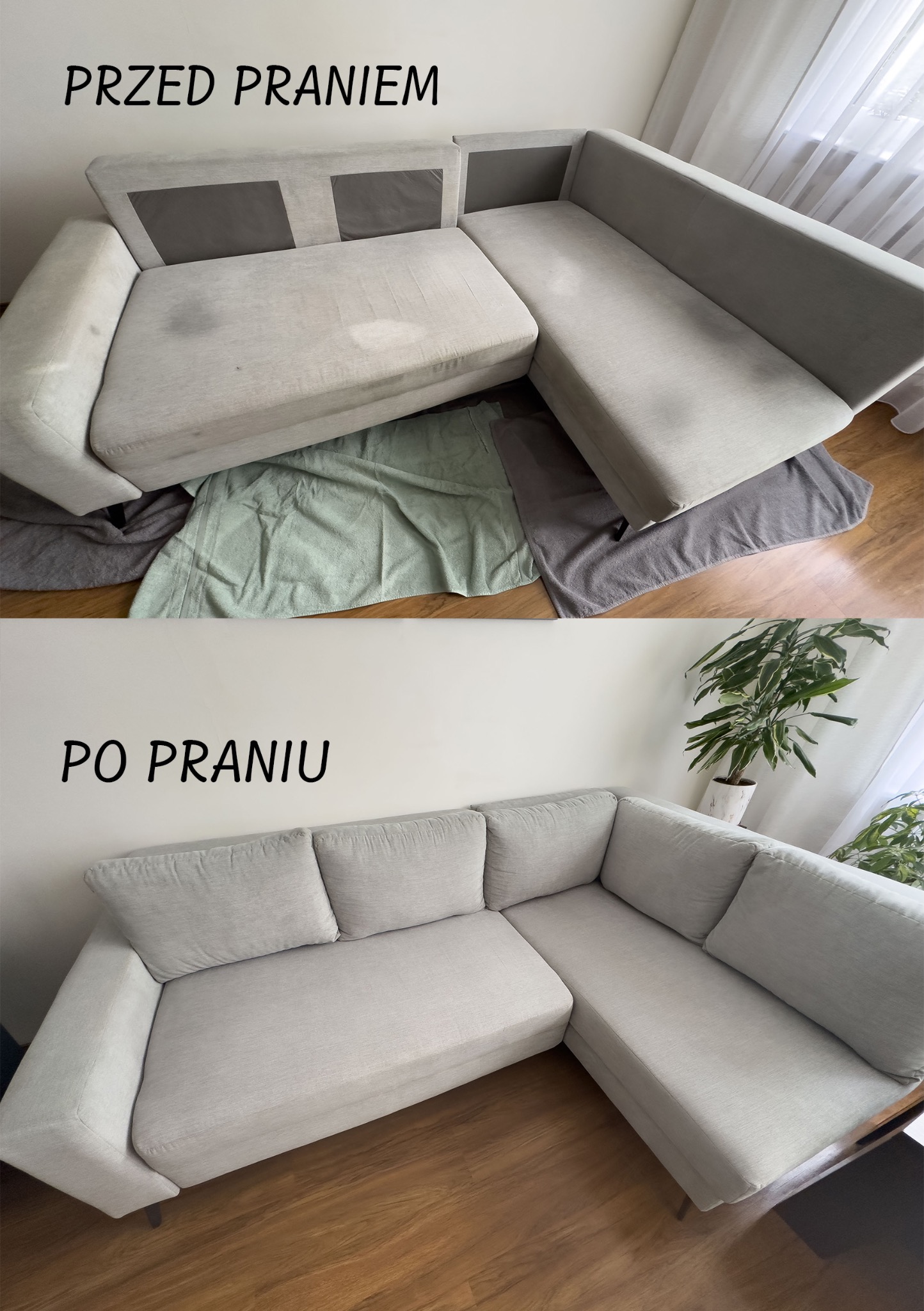 Szara narożna kanapa: górna część zdjęcia pokazuje zabrudzenia przed praniem, dolna - czystą kanapę po praniu. Widoczne różnice w odcieniu i brak plam.
