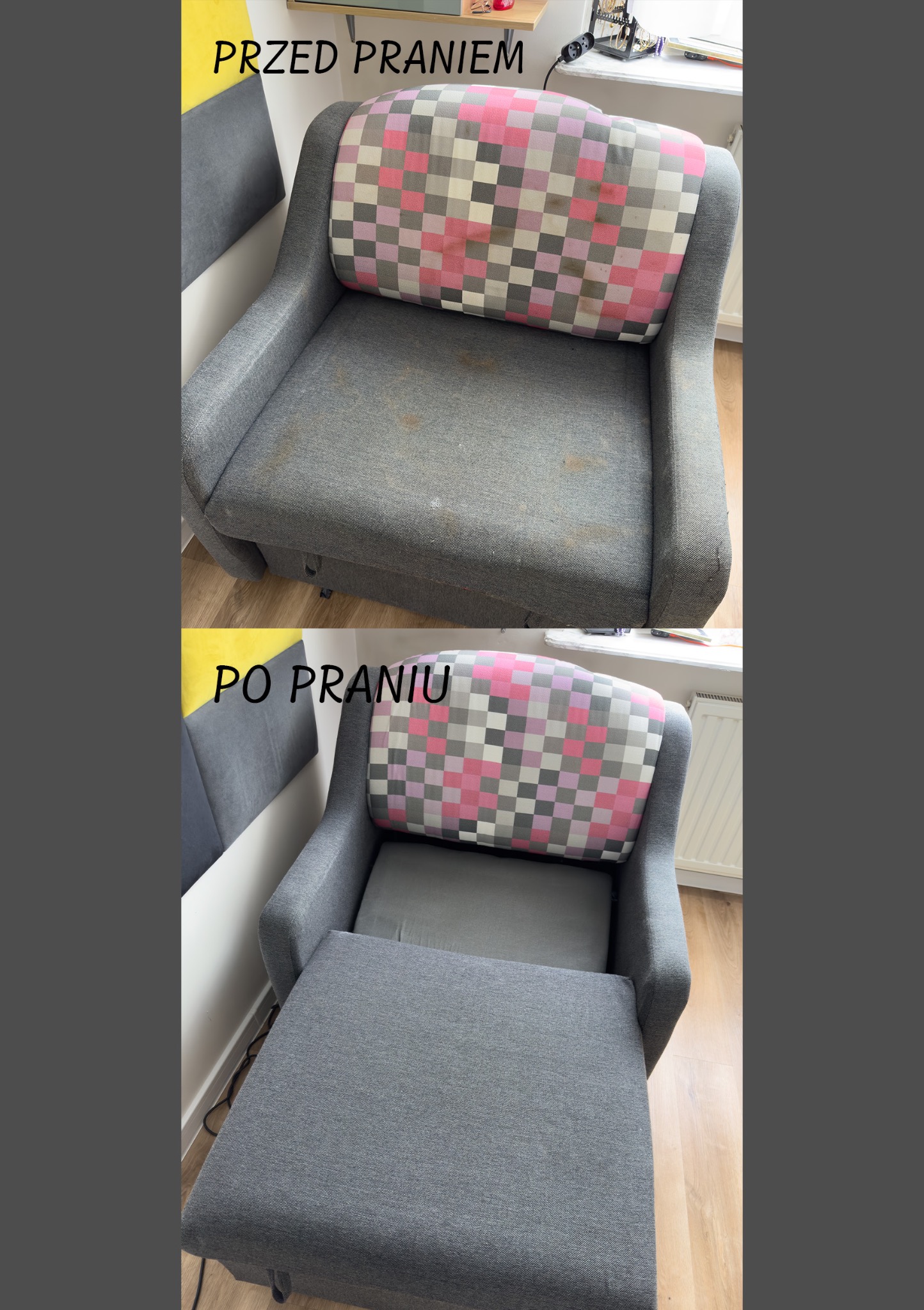 Szary fotel z poduszką w kratę: widok przed i po praniu. Na górze widoczne plamy, na dole czysty materiał. Efekt czyszczenia tapicerki, odświeżony wygląd mebla.