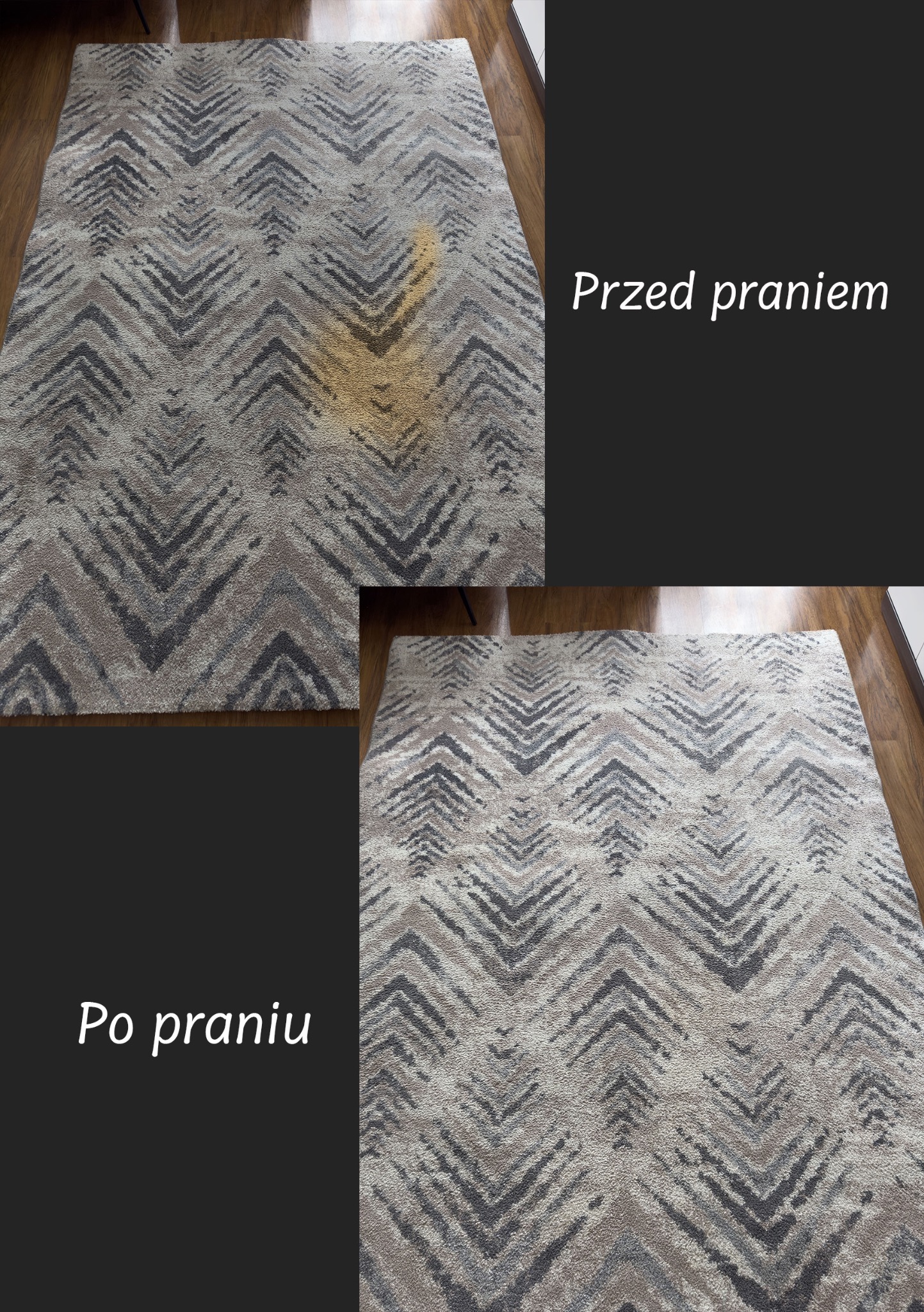 Dywan w geometryczne wzory: widoczna plama 'przed' i czysty 'po' praniu. Prezentacja efektu usługi czyszczenia dywanów na drewnianej podłodze.
