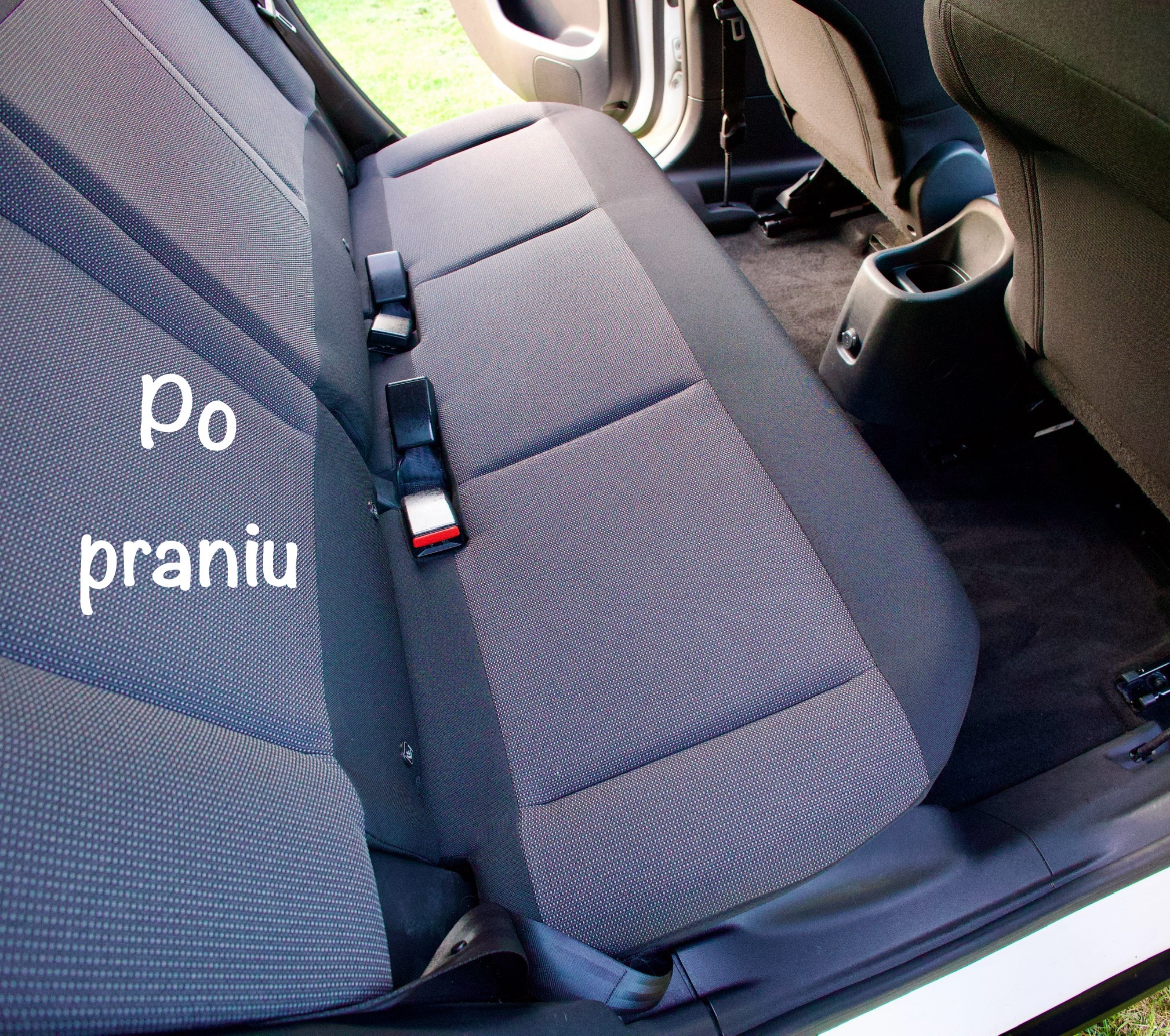Wyprana tylna kanapa samochodu z trzema zagłówkami i pasami bezpieczeństwa. Widoczne oznaki świeżości po procesie czyszczenia tapicerki.