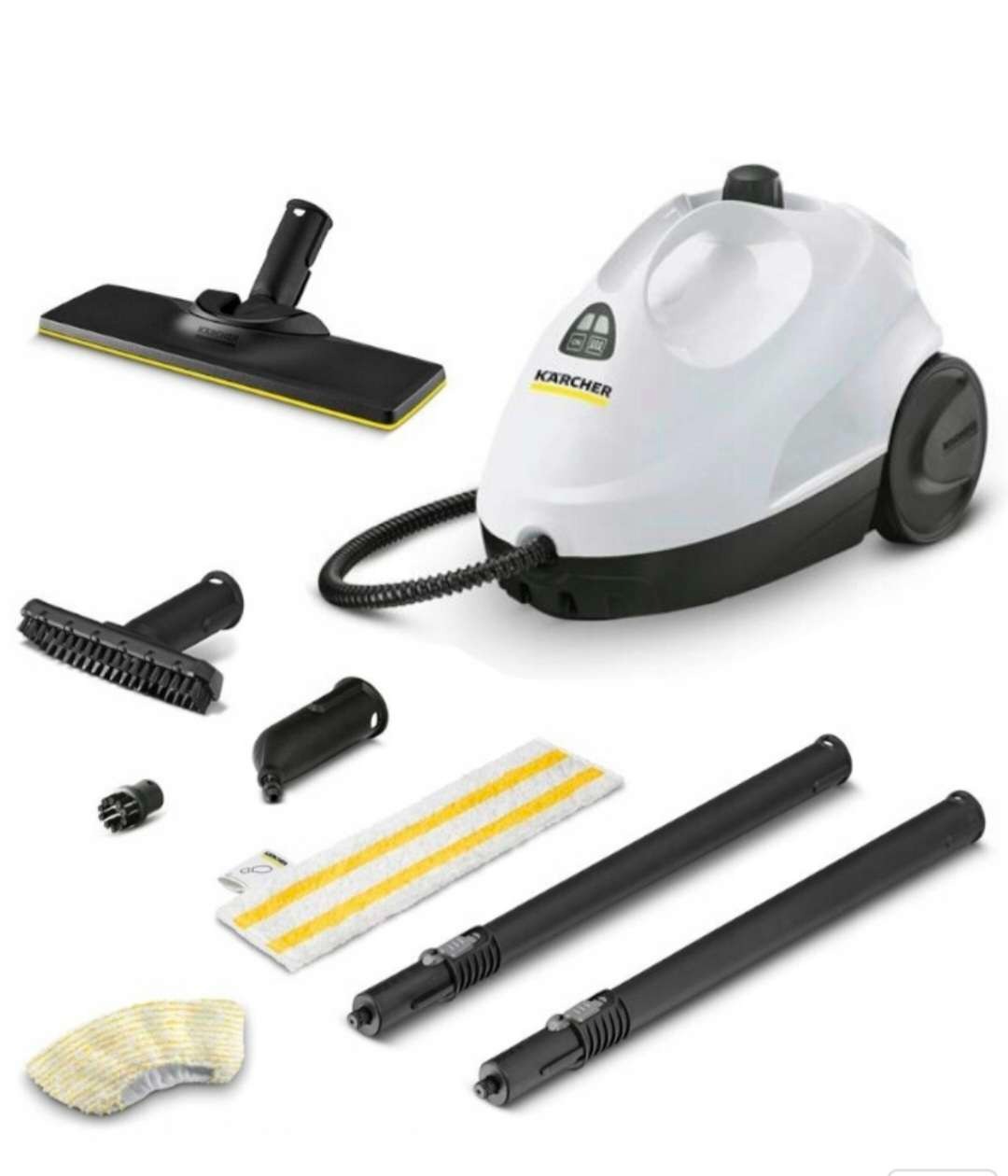 Zestaw parowy Karcher: biało-czarny parownik z akcesoriami - dysze, szczotki, rury i ściereczki, gotowy do czyszczenia różnych powierzchni.