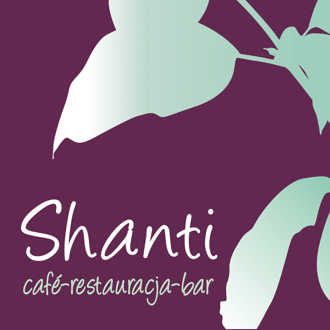 Grafika z nazwą azjatyckiej restauracji SHANTI, z elementami roślinnymi w tle, w kolorach fioletu i zieleni.