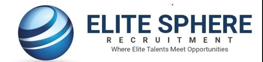Logo firmy Elite Sphere Recruitment z niebieską kulą po lewej. Tekst: ELITE SPHERE, RECRUITMENT, Where Elite Talents Meet Opportunities.