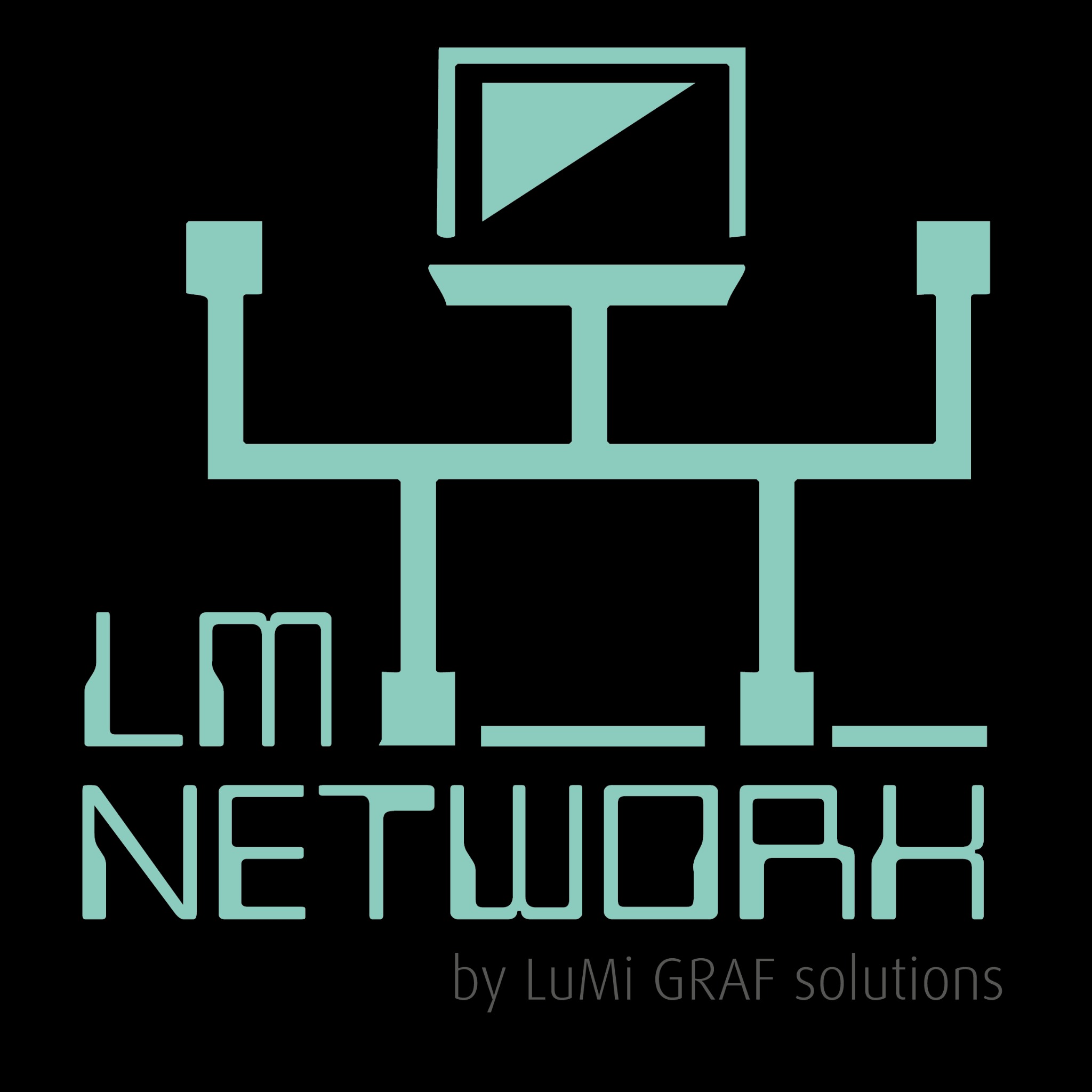 Jasnoniebieskie logo 'LM NETWORK' z symbolem monitora i schematem sieci na czarnym tle, podpisane 'by LuMi GRAF solutions'.