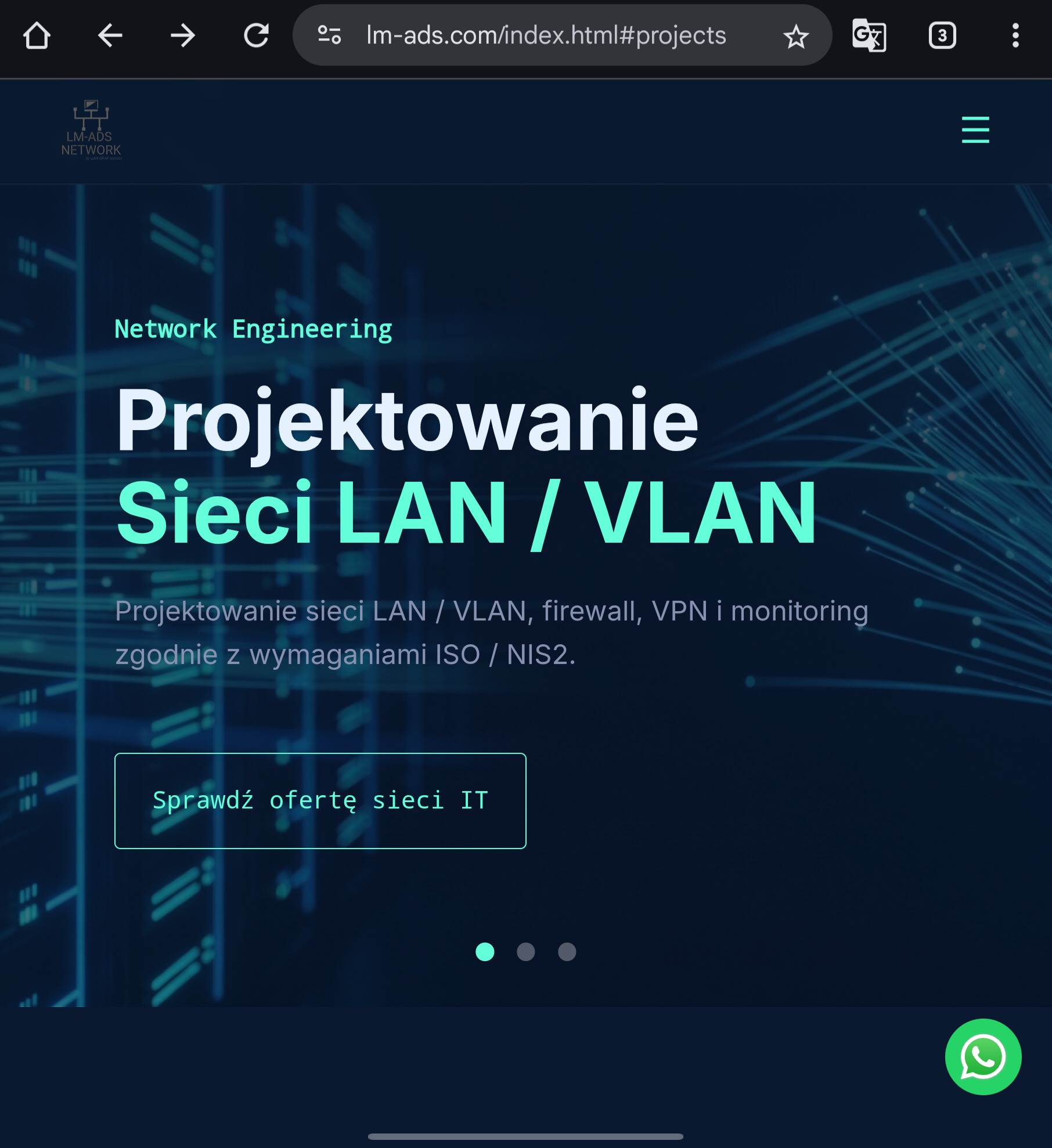 Projektowanie sieci LAN/VLAN z firewallem i VPN, zgodnie z ISO/NIS2. Grafika z tekstem 'Sprawdź ofertę sieci IT' na ciemnoniebieskim tle z motywem sieci komputerowej.