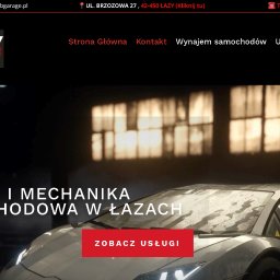 Nebula Tomasz Ksel - Strona internetowa KB Garage z czarnym tłem, sportowym autem i menu nawigacyjnym. Widoczne logo, adres, telefon i hasło: Serwis i mechanika samochodowa w Łazach.