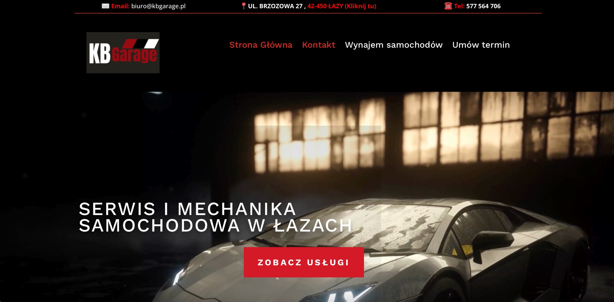 Strona internetowa KB Garage z czarnym tłem, sportowym autem i menu nawigacyjnym. Widoczne logo, adres, telefon i hasło: Serwis i mechanika samochodowa w Łazach.