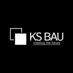 Minimalistyczne logo KS BAU na czarnym tle, białe litery i grafika, slogan 'creating the future' podkreślony linią. Nowoczesny design.