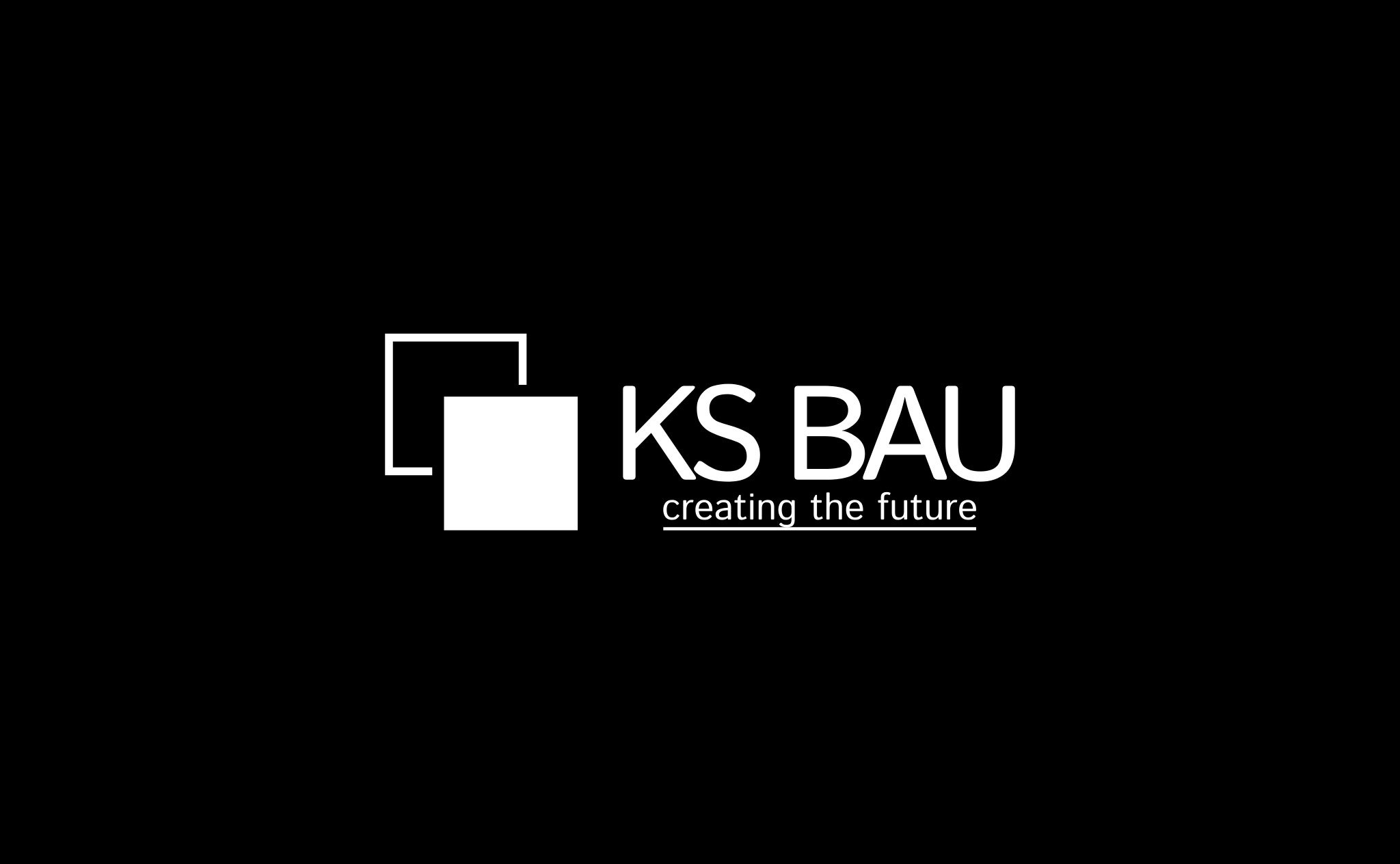Minimalistyczne logo KS BAU na czarnym tle, białe litery i grafika, slogan 'creating the future' podkreślony linią. Nowoczesny design.