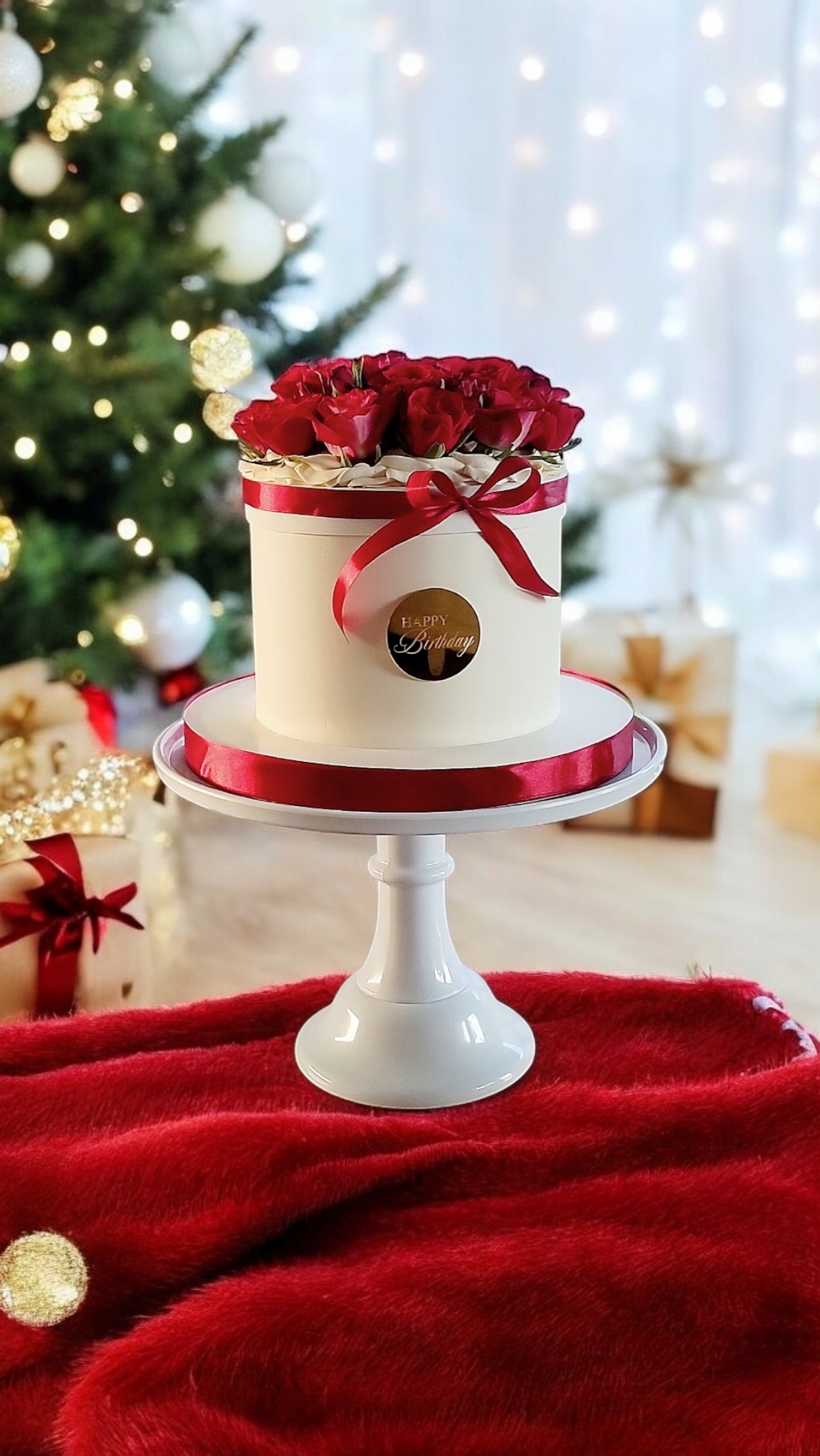 Tort urodzinowy w pudełku z czerwonymi różami i wstążką, na białym stojaku, w świątecznej scenerii z choinką i prezentami w tle.