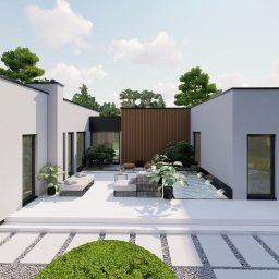 ZbudujMarzenia.pl - Nowoczesny dom z płaskim dachem i minimalistycznym patio z basenem. Uwagę przykuwa drewniana ściana w tle i symetryczny układ przestrzeni.