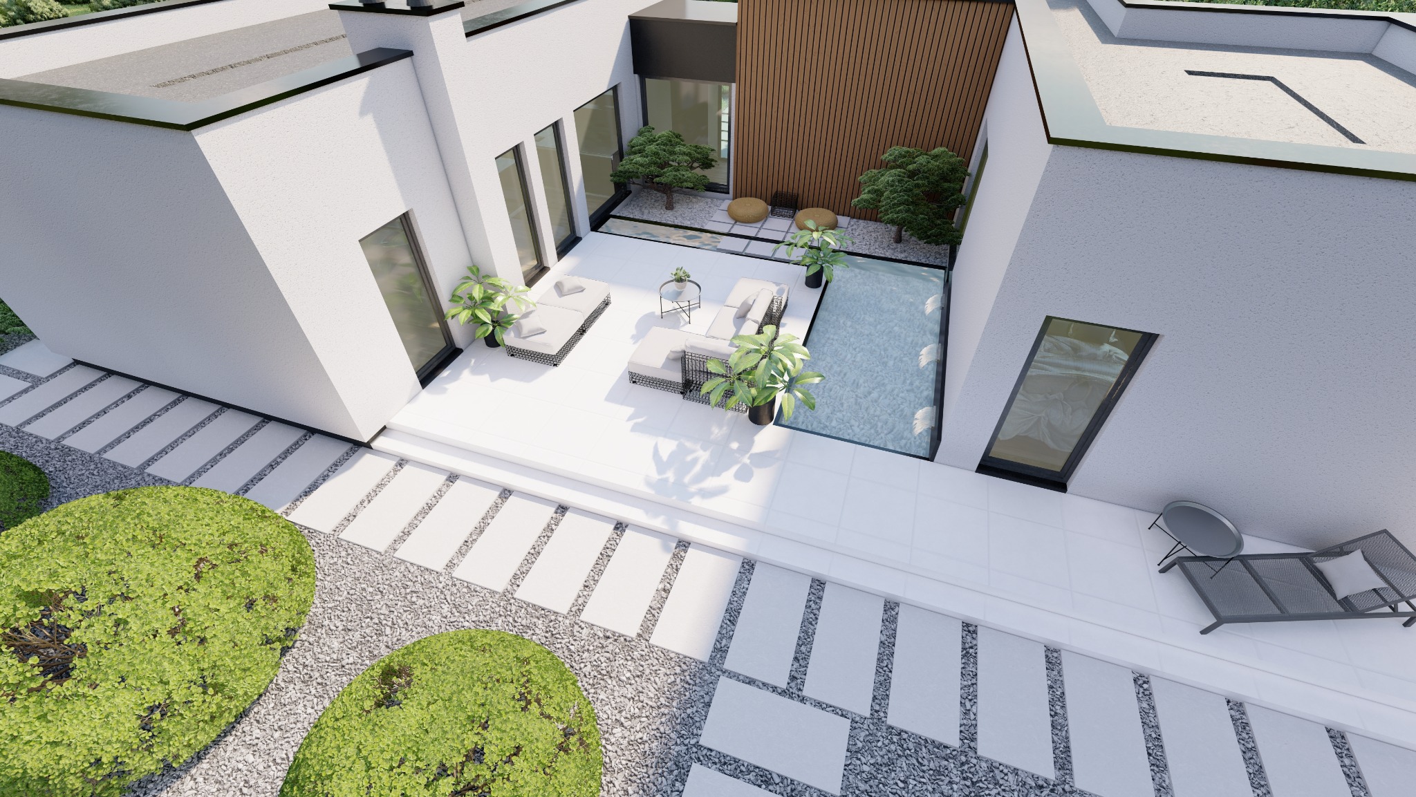 Nowoczesny dom z białymi ścianami i minimalistycznym ogrodem. Widok z góry na taras z basenem, meble ogrodowe i dekoracyjne krzewy.