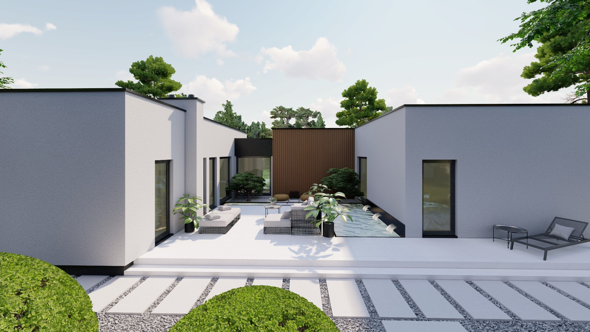 Nowoczesny dom z płaskim dachem i minimalistycznym patio z basenem. Uwagę przykuwa drewniana ściana w tle i symetryczny układ przestrzeni.