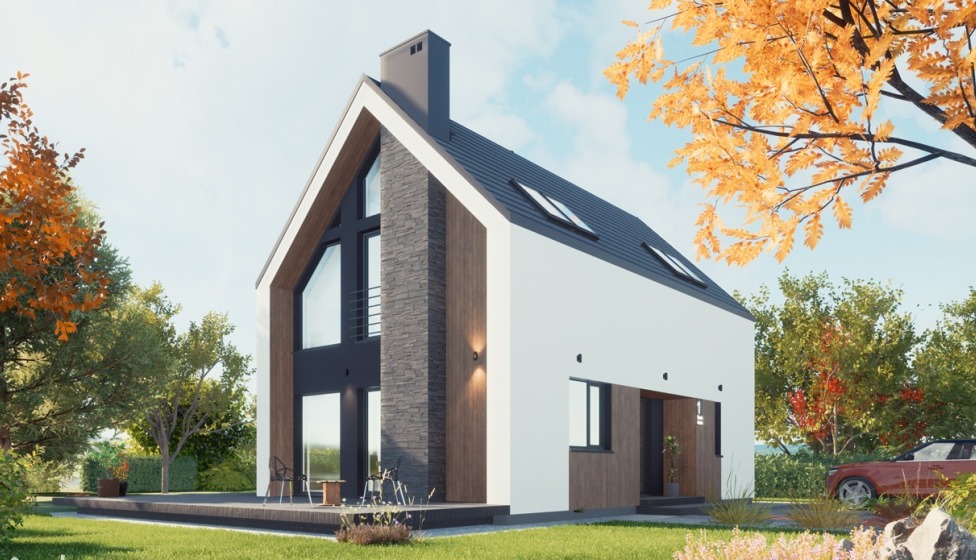 Nowoczesny dom z białymi ścianami, kamienną elewacją i dużymi oknami. Widok z zewnątrz na tle drzew i jesiennego krajobrazu. Projekt domu z tarasem.