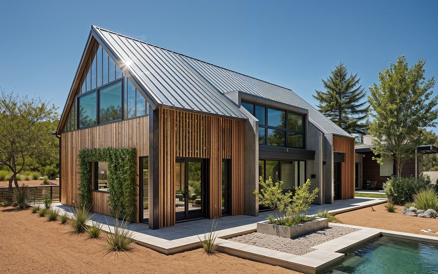 Nowoczesny dom z drewnianą elewacją, dużymi oknami i metalowym dachem. Roślinność wokół budynku i basen dodają uroku. Ujęcie w słoneczny dzień z niskiej perspektywy.
