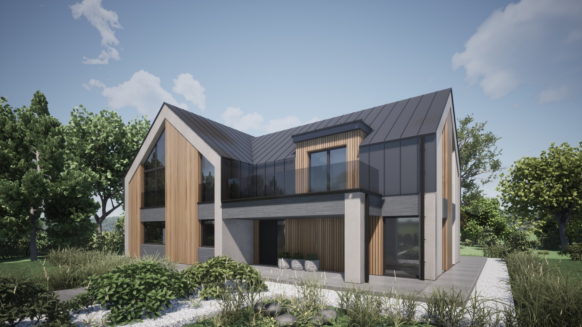 Nowoczesny dom z dwuspadowym dachem i drewnianą elewacją, otoczony zielenią. Widoczne duże przeszklenia i balkon z szklaną balustradą. Minimalistyczny design.