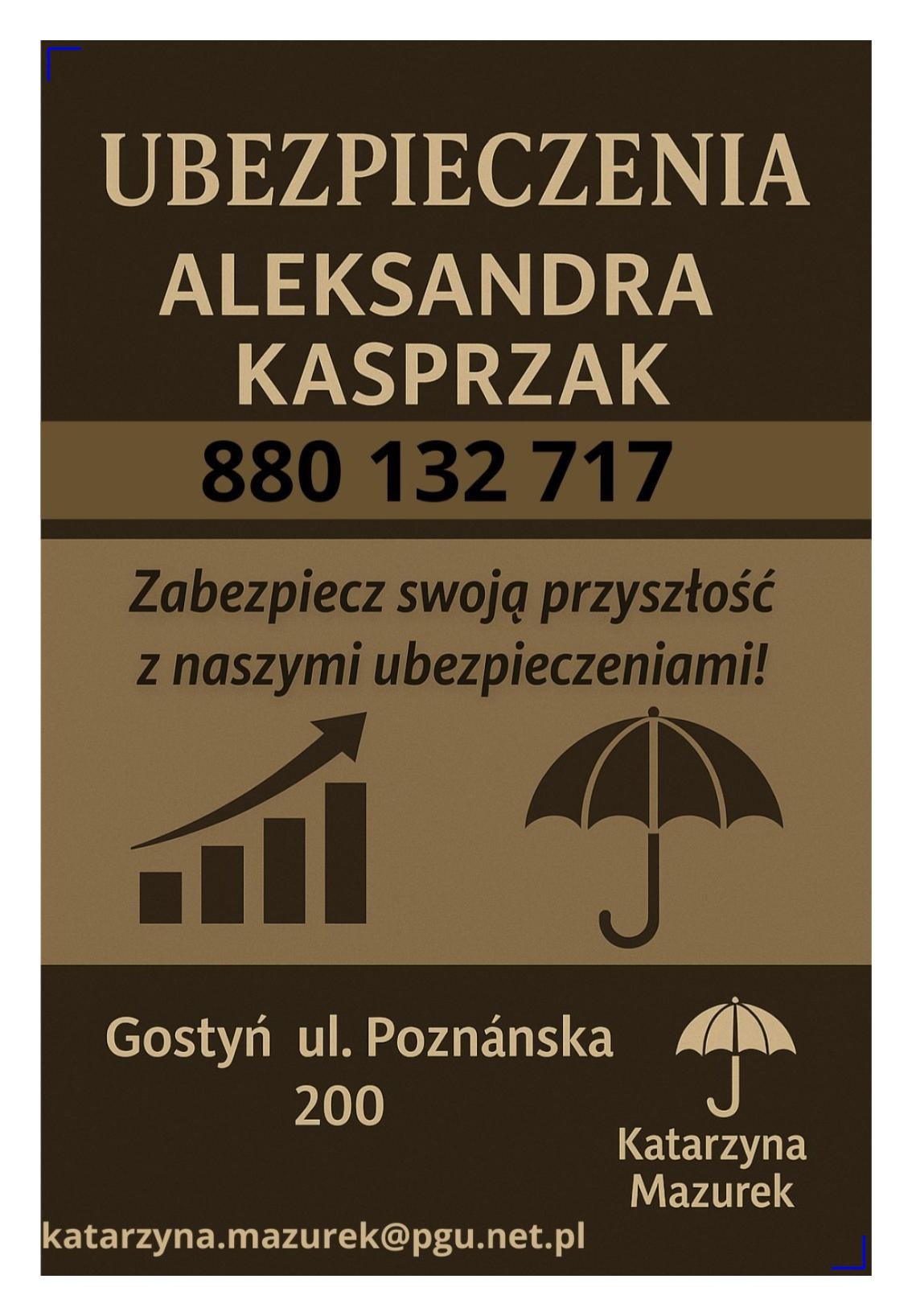 Ubezpieczenia: Aleksandra Kasprzak, numer telefonu, wykres wzrostu, parasol. Gostyń, ul. Poznańska 200, kontakt mailowy. Zabezpiecz przyszłość!